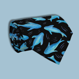 Gravata Sob o Mar Azul Preto Padrão de Peixe Tubarão