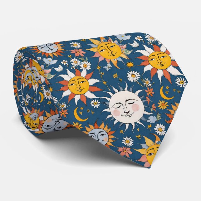 Gravata Sol e Lua Floral em Azuis e Amarelos (Rolled)