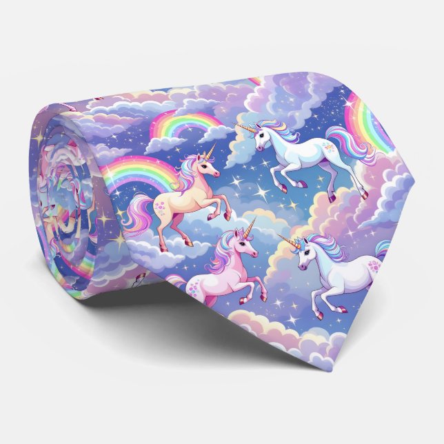 Gravata Sparkly rainbow and unicorns on clouds (Rolled)