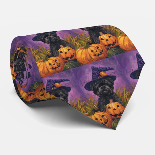 Gravata Spooky Affenpinscher Halloween Witch e Pumpkin (Rolled)