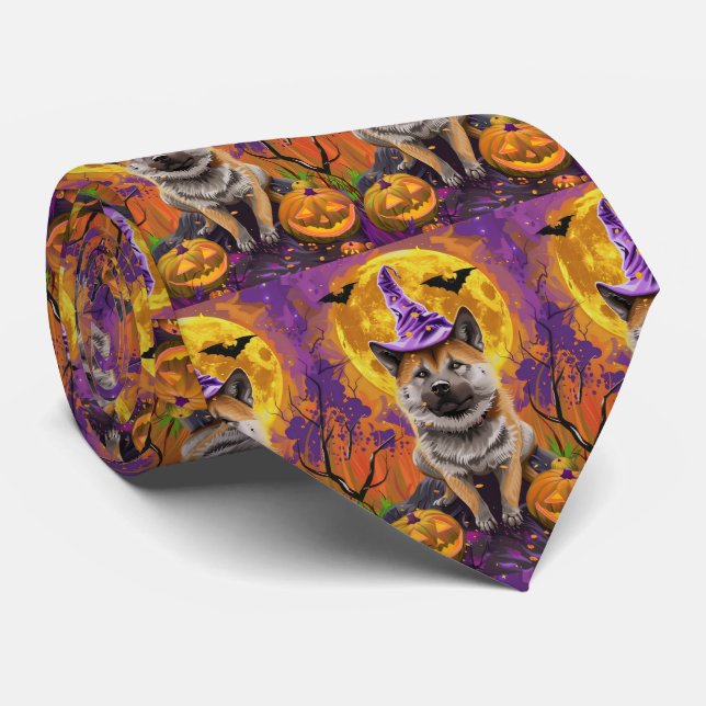 Gravata Spooky Akita Halloween Witch e Pumpkin (Rolled)