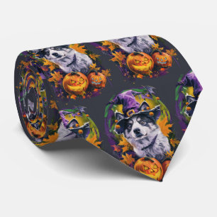 Gravata Spooky Akita Halloween Witch e Pumpkin