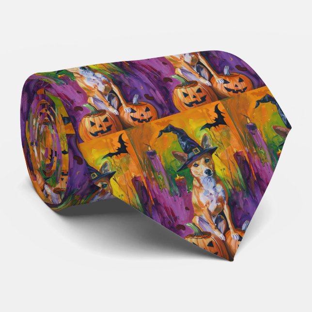 Gravata Spooky Basenji Halloween Witch E Pumpkin (Rolled)