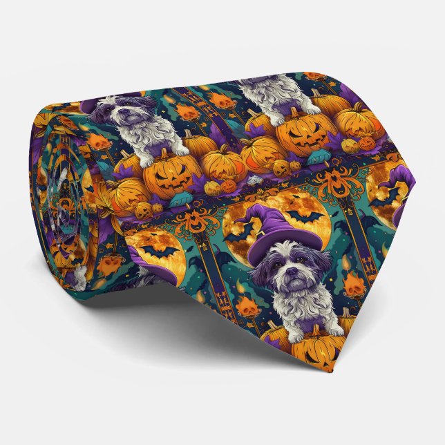 Gravata Spooky Shih Tzu Dog Halloween Bruxelles E Pumpkin (Rolled)