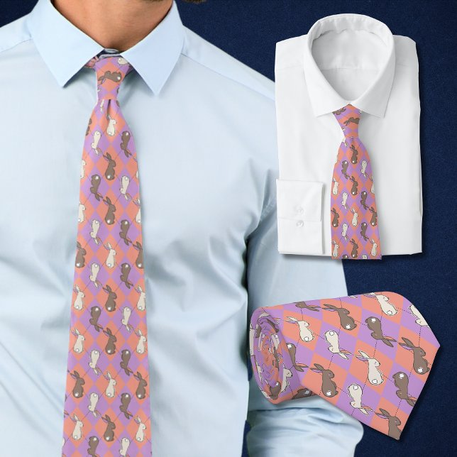 Gravata Spring Rabbit Pink and Purple Pastel Argyle  (Easter tie with rabbits is perfect for spring in pastel argyle of pink and purple. )