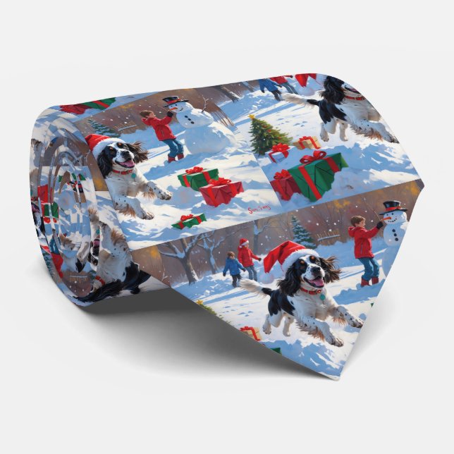 Gravata Springer Spaniel Correndo na Neve com Chapéu de Na (Rolled)
