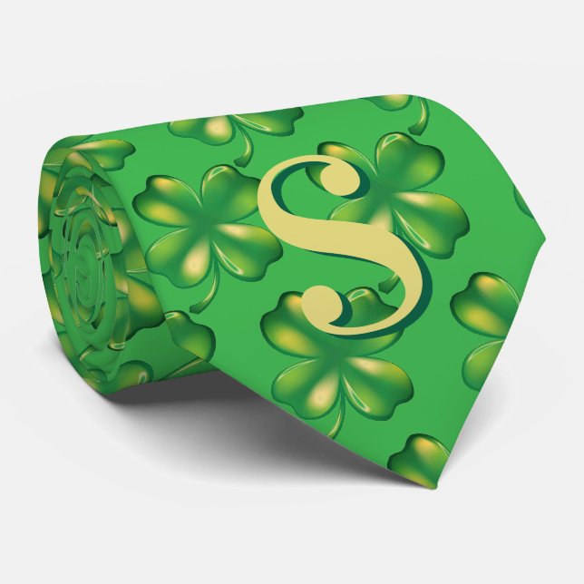 Gravata St. Patrick's Day Men's Monogram Green Shamrock (Rolled)