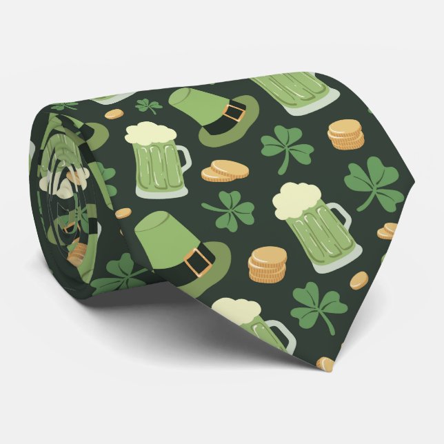 Gravata St Patricks Day Pattern Dark Green Cheers Shamrock (Rolled)