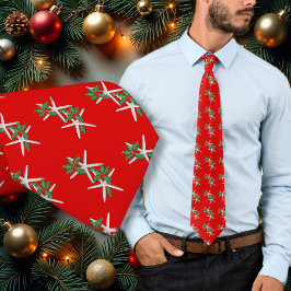 Gravata Starfish n Holly Bright Red Christmas Season Tie