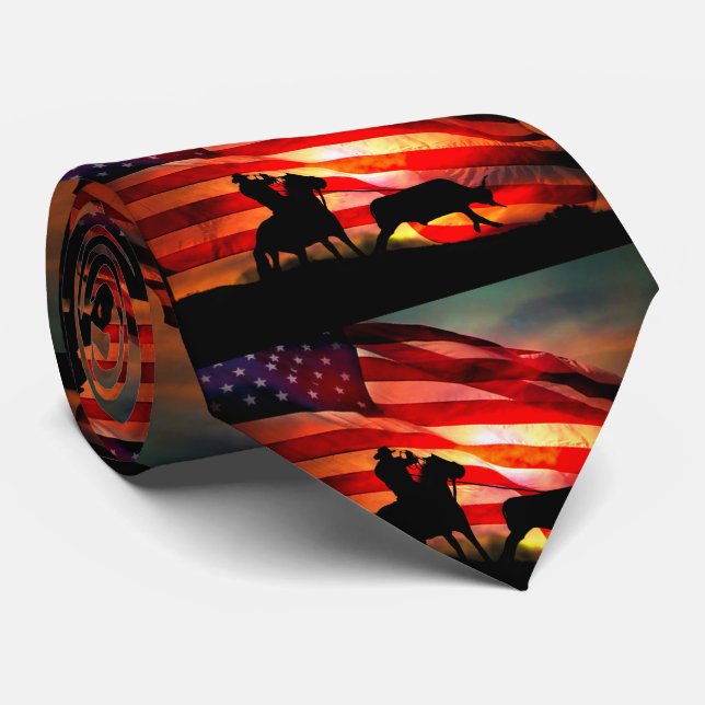 Gravata Steer Roping Cowboy e Cavalo com bandeira american (Rolled)
