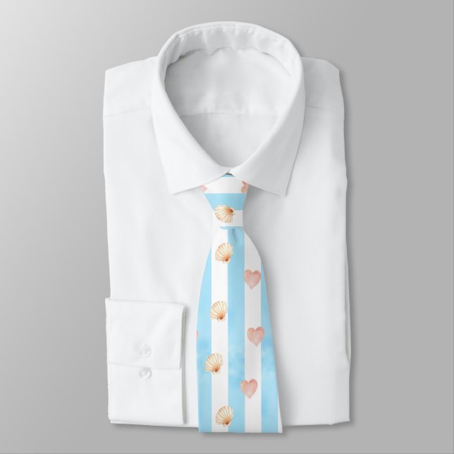 Gravata Stripe Azul e Branco - Corações, Impressão de Vaca (Amarrado)