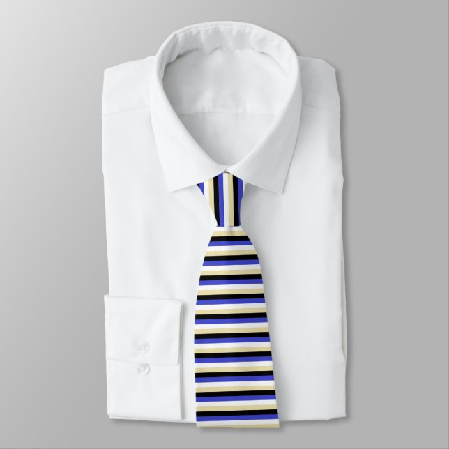 Gravata Stripes Azul, Branco, bege e Preto (Amarrado)