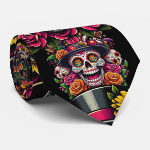 Gravata Sugar Skull Art - Top Hat Floral Fiesta