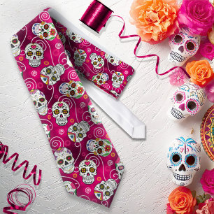 Gravata Sugar Skulls and Swirls Rosa Red ID725