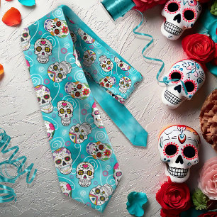 Gravata Sugar Skulls and Swirls Turquoise ID725