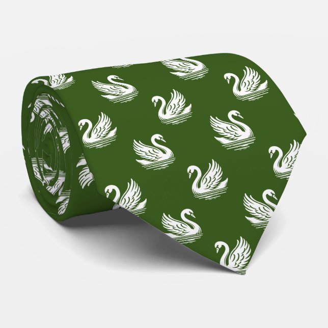 Gravata Swan Pattern 02 - White on Forest Green (Rolled)