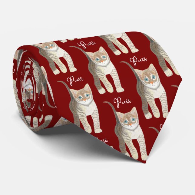 Gravata Tabby Kitten With Text Maroon Necktie (Rolled)