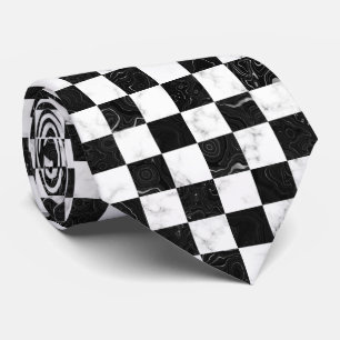 Gravata Tabuleiro de Xadrez Mármore Branco Preto e Prata