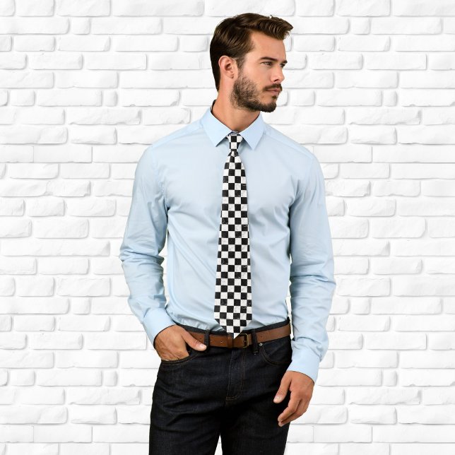 Gravata Tabuleiro de Xadrez Mármore Branco Preto e Prata (White Black and Silver Marble Checkerboard Neck Tie)