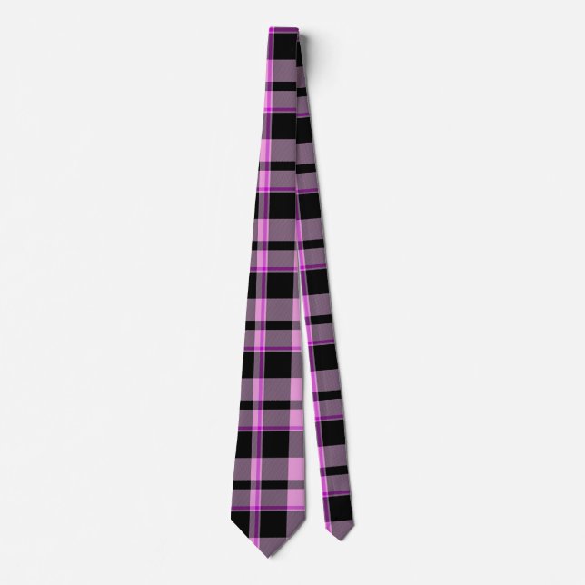 Gravata Tartan de Xadrez Gingham Preto-Rosa Clássico (Frente)