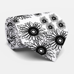 Gravata Tatuagem Girassol Floral Preto Branco Tatuagem Flo