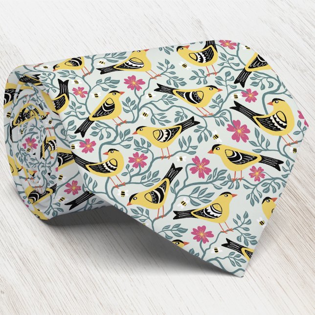 Gravata Tentilhão e Flor de Rosa do Prado (Willow goldfinch wild prairie rose Iowa state bird flower heritage inspired pattern neck tie)
