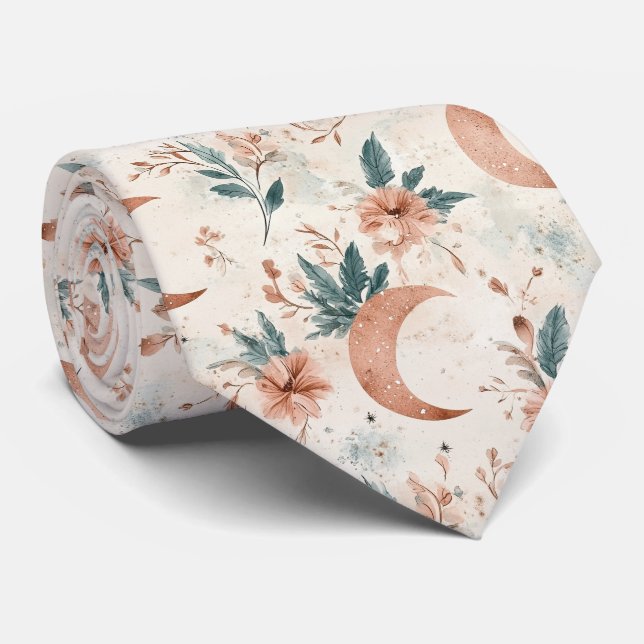 Gravata Terracota Creme Floral Celestial Lua Crescente (Rolled)