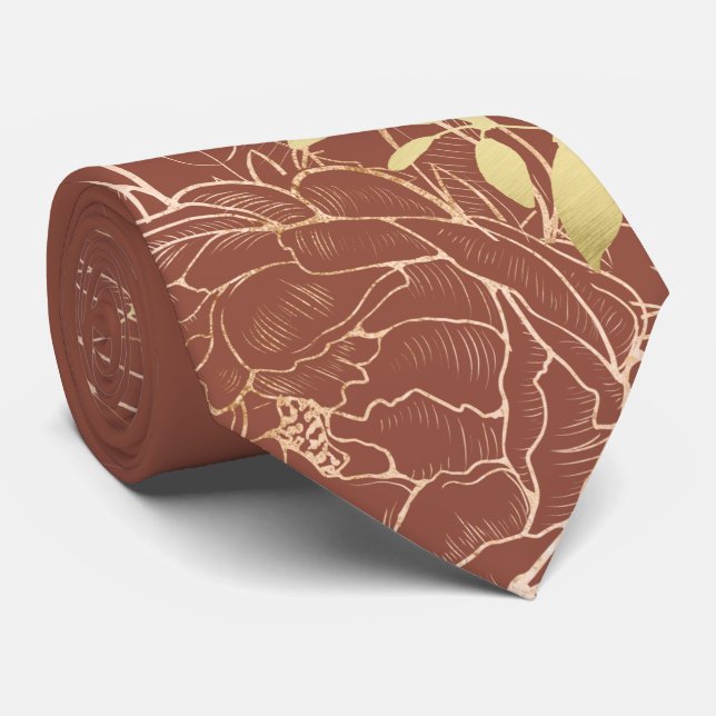 Gravata Terracotta & Faux Dourado Casamento Floral Moderno (Rolled)