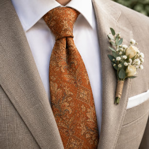 Gravata Terracotta Luxo Ferrugem Barroco Damask Floral 