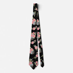 Gravata Teste padrão cor-de-rosa floral do preto e do ros