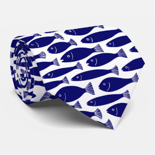 Gravata Teste padrão dos peixes - azul escuro no branco