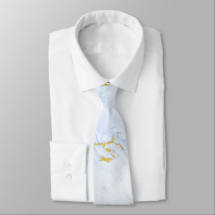 Gravata Textura Azul e Dourada em Mármore Branco Chic