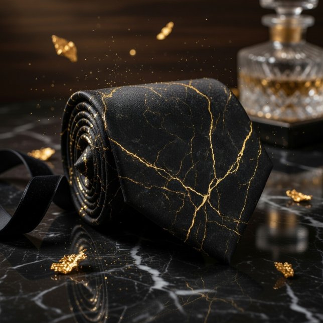 Gravata Textura de Mármore Preto Simples com Veias de Ouro (Criador carregado)