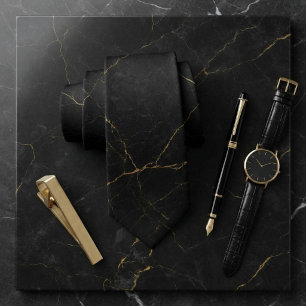 Gravata Textura de Mármore Preto Simples com Veias de Ouro