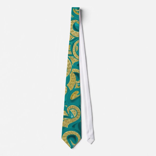 Gravata Tie de Pescoço de Octopus Dourado Teal (Frente)