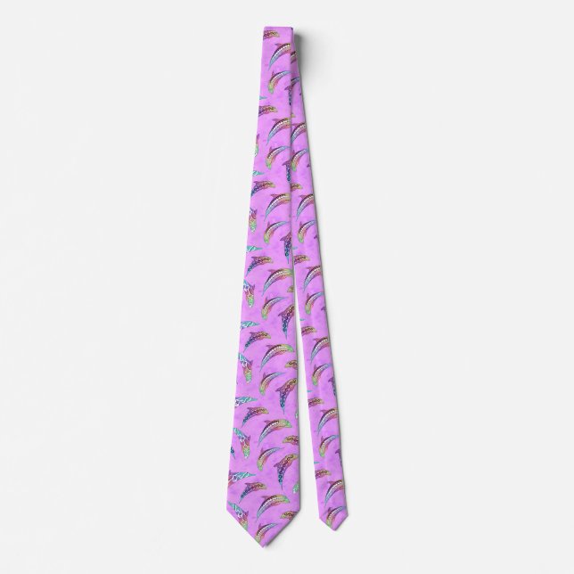 Gravata Tie Dye Pink Marine Animal Dolphins Marlins (Frente)