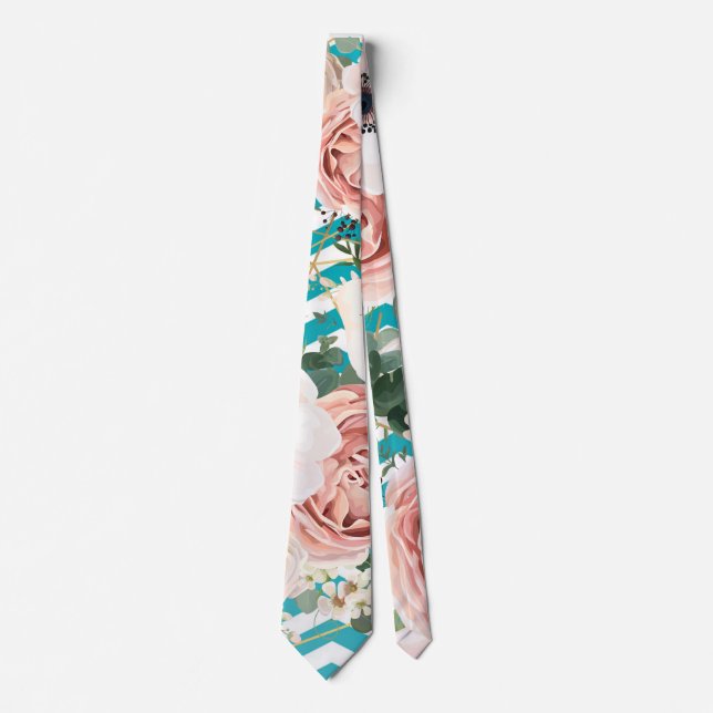 Gravata Tie Geométrico Rosa Chevron Teal (Frente)