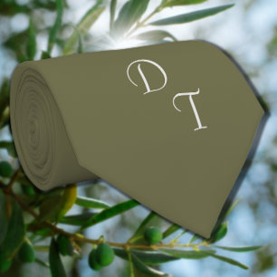 Gravata Tinta verde-oliva de cor sólida monograma