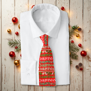 Gravata Tipografia de Natal Vermelho Verde Retro
