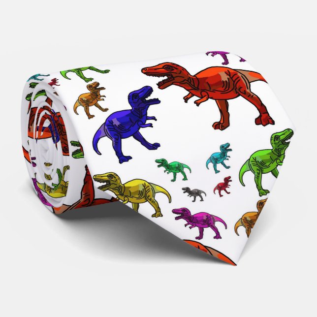 Gravata Tiranossauro Branco T Rex Dinossauros Arco-íris (Rolled)