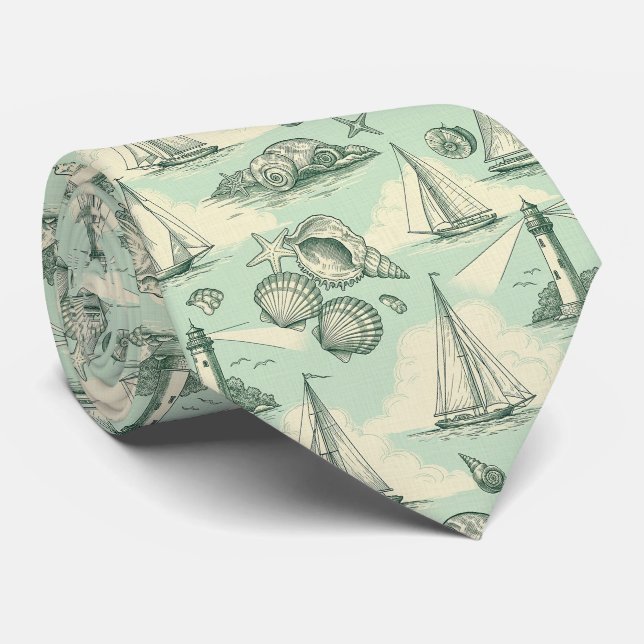 Gravata Toile Costeira com Faróis, Barcos à Vela (Rolled)