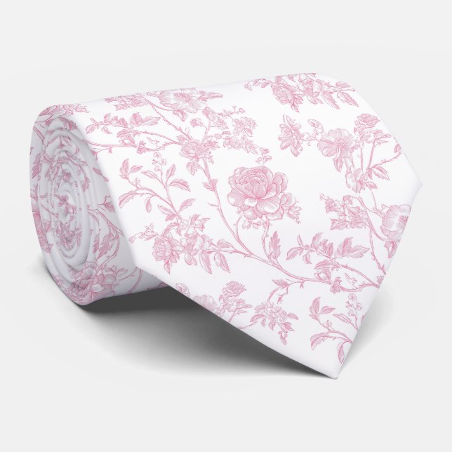 Gravata Toile de Jouy floral rosa (Rolled)