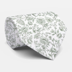 Gravata Toile-De-Jouy Floral Verde Salvia Vintage em Aquar