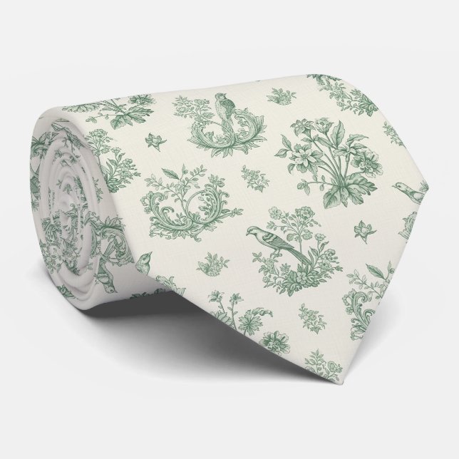 Gravata Toile Verde Menta Francês Pássaros e Floral 4 (Rolled)