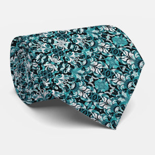 Gravata Tons de Teal, Ciano Claro e Deco Artístico Branco