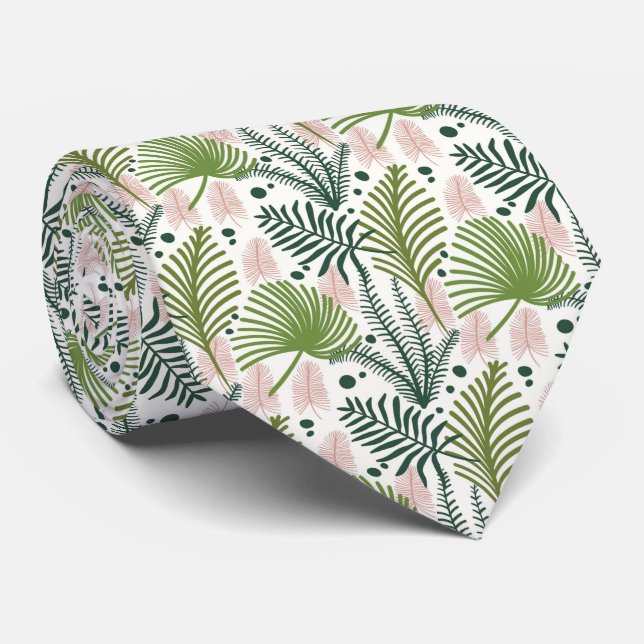 Gravata Torneio Branco com Folha Tropical Verde Claro e Es (Rolled)