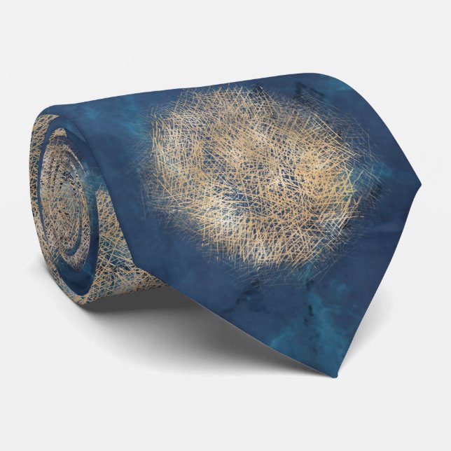 Gravata Torneio de Pescoço Dourado Abstrato Azul Moderno (Rolled)
