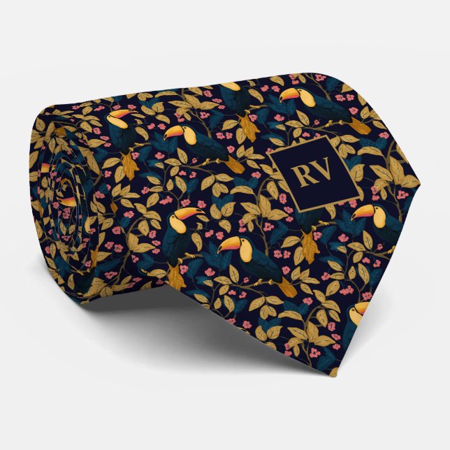 Gravata Toucan Foliage on Navy Blue (Rolled)