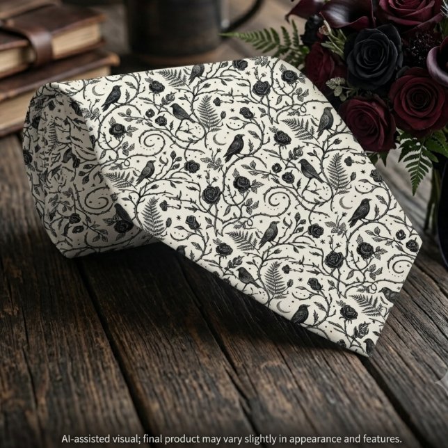 Gravata Traje de Noiva Preto Marfim Gótico Corvo (Rolled ivory raven tie with a gothic wedding bouquet for an alternative groom's moody nuptials.)