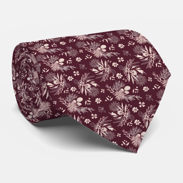Gravata Traje de Noivo com Padrão Floral Borgonha (Rolled)